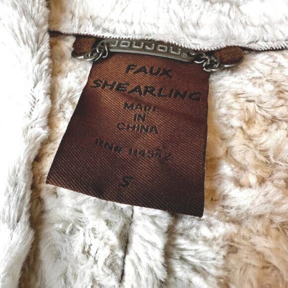 Jou Jou Faux Shearling Jacket Brown S Cream Open Front Moto Style Soft Lined - Picture 6 of 10
